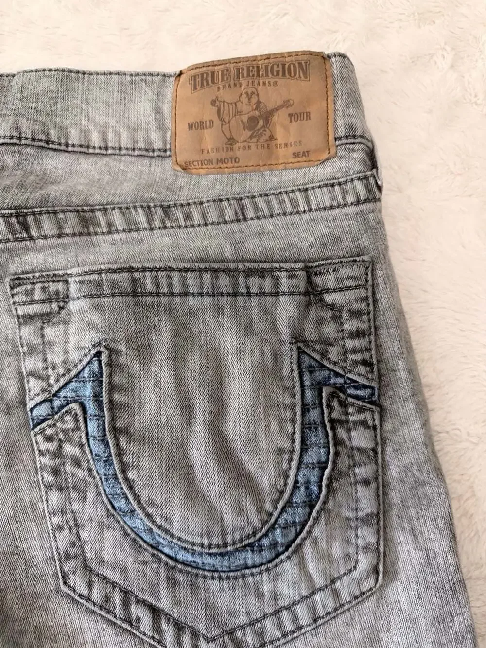 True Religion Slim Runstitch Moto Jeans Grey Acid Wash 36
